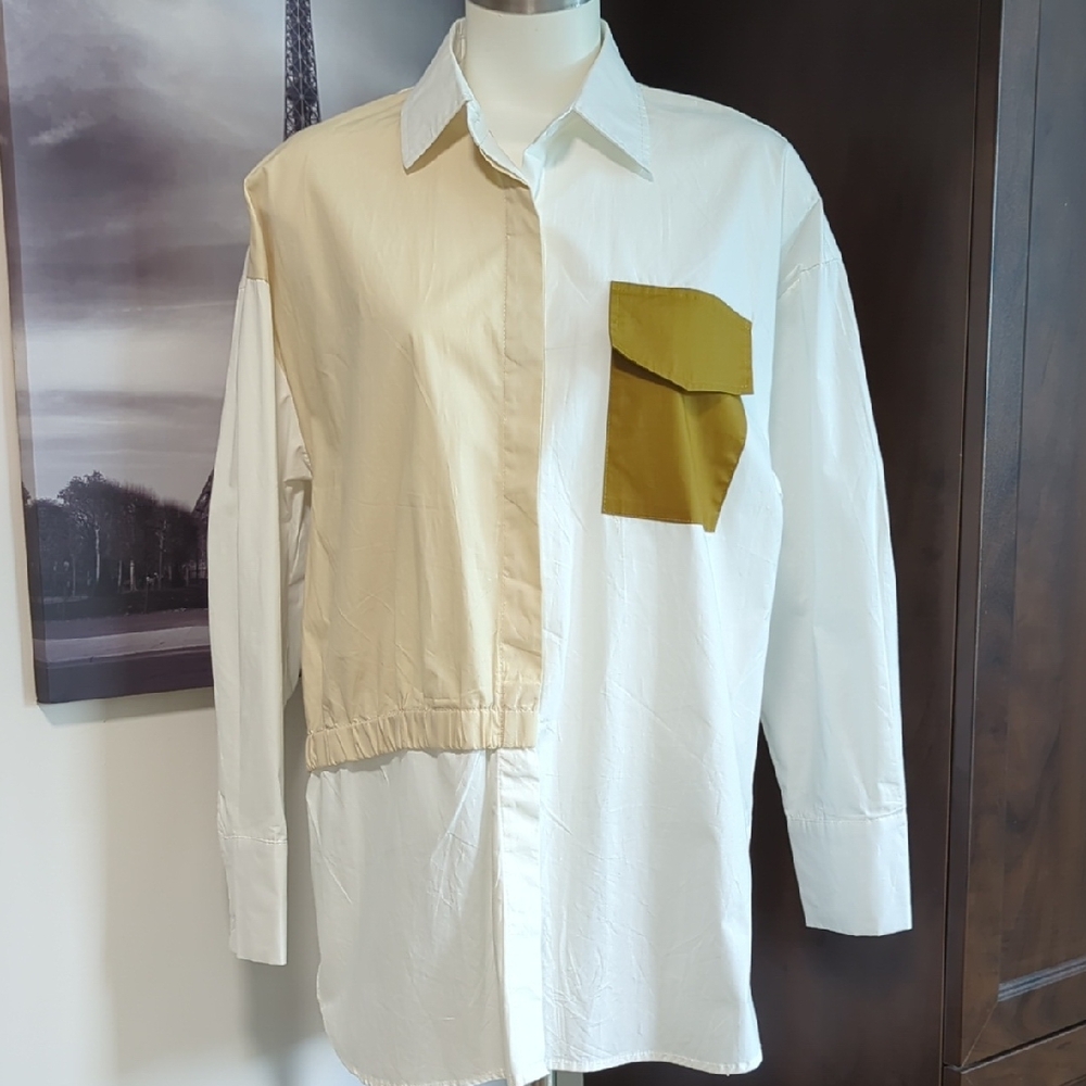 Two-Tone Button-Up Blouse